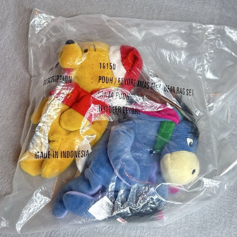 Reindeer Eeyore Santa Pooh The Disney Store Bean Bag 9" Plush Stuffed Set of 2